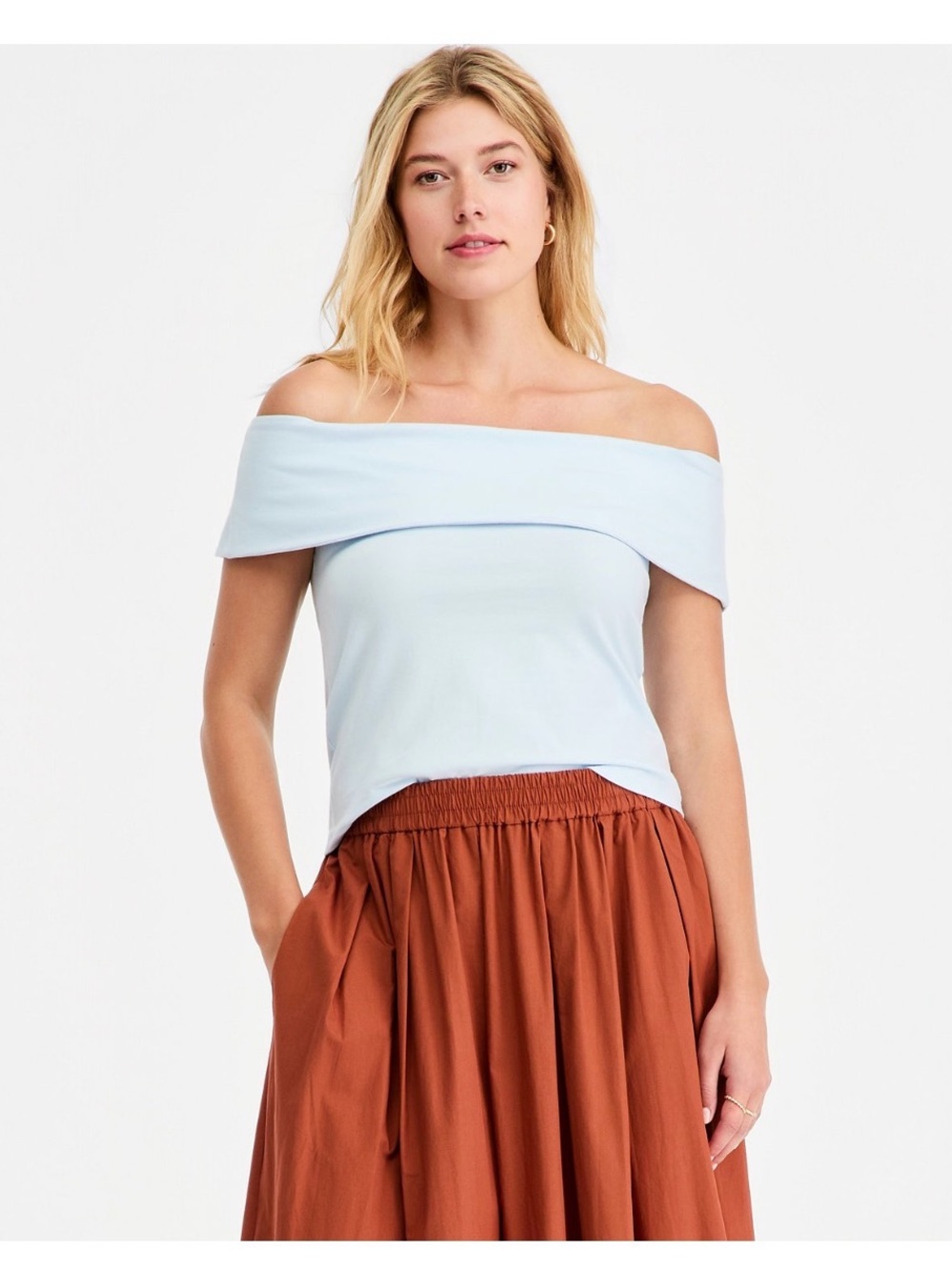 NWT On 34th Off Shoulder Jersey Knit Top Blue Small